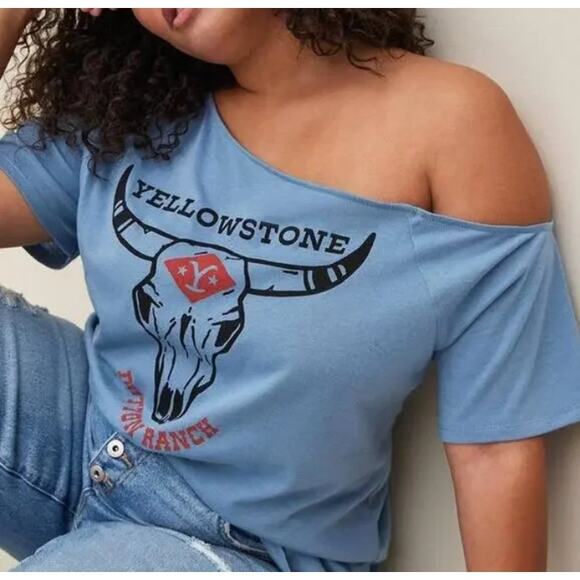 NEW TORRID 2 Yellowstone Off-Shoulder Top Shirt Tee Plus 2X Blue Soft Country - Picture 1 of 6